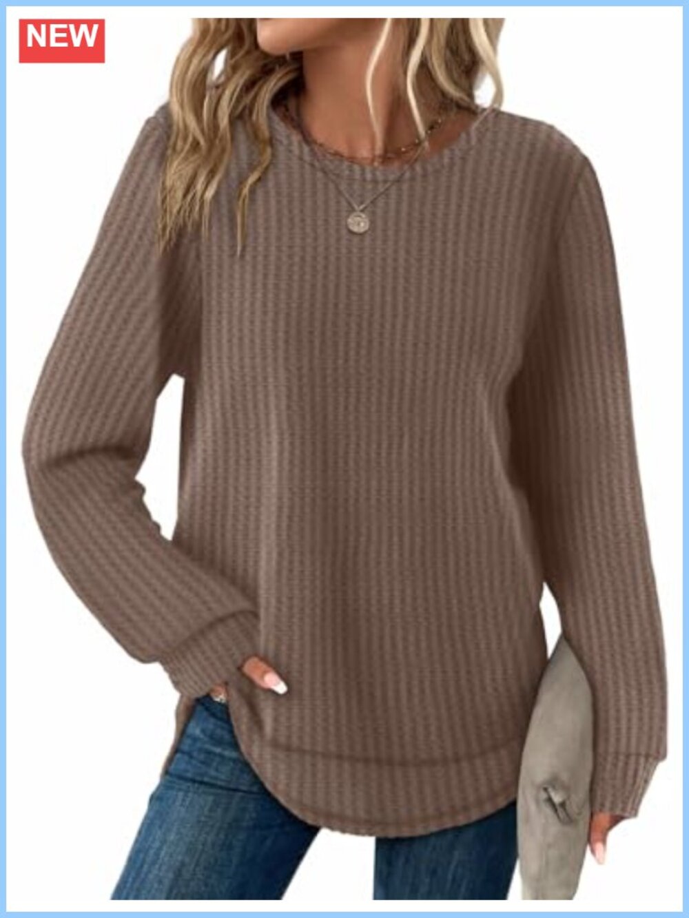 Waffle Knit Tunic Top Long Sleeve Crewneck Curved Hem Fall Shirt